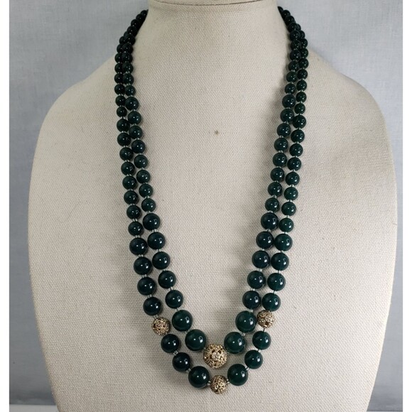 Vintage Talbots Green Bead Rhinestone Ball Two Strand 26" Necklace NWT - Picture 1 of 15